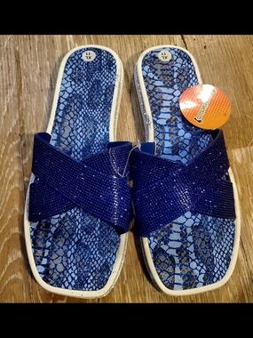 Blue Sparkle & Snakeskin Crisscross Slide Sandals